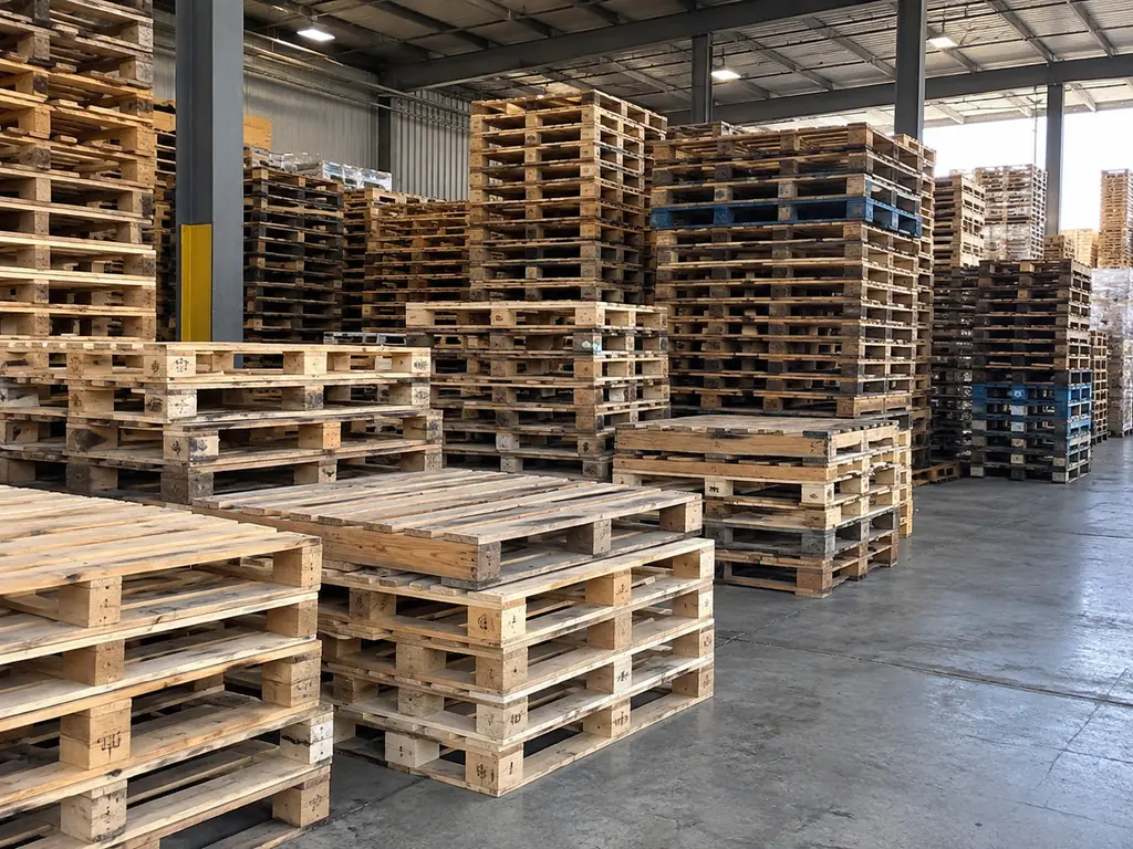 Stacks of used wooden pallets reaching to the roof inside a warehouse, with sorted 48x40 GMA pallets in the foreground