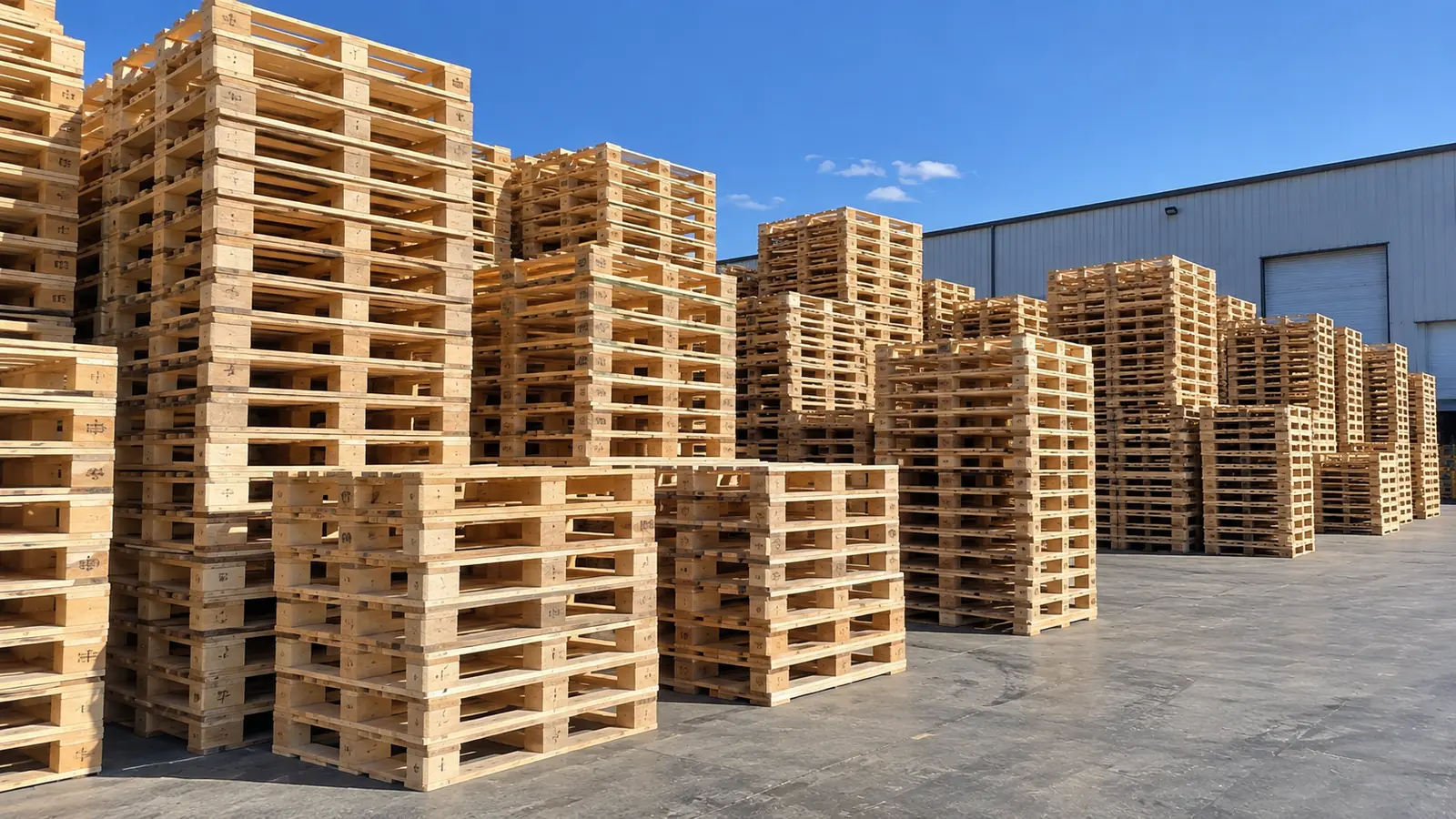 Columns of freshly repaired wooden pallets stacked in an outdoor yard under a clear blue sky