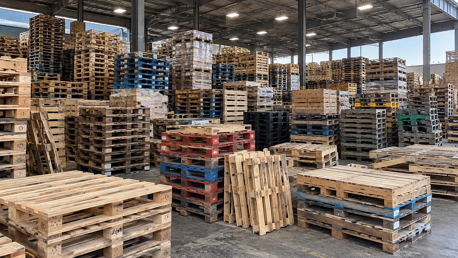 A mixed intake bay holding wooden pallets alongside red, blue and black plastic pallets and shrink-wrapped loads
