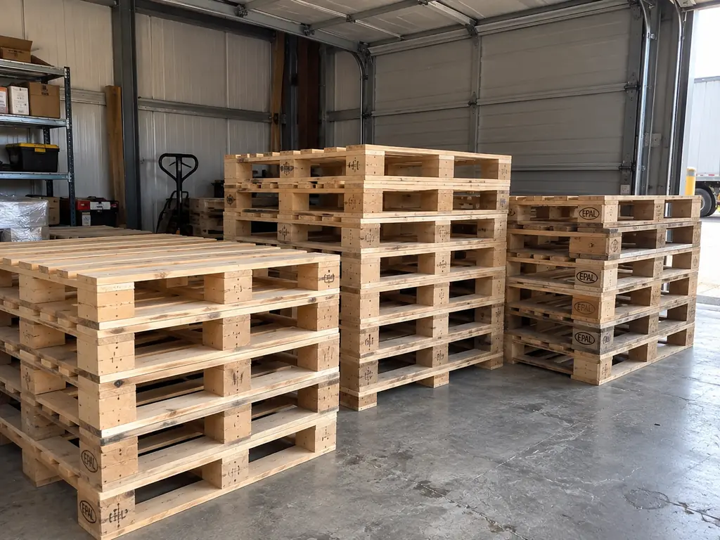 Neatly stacked EPAL-stamped Euro pallets and GMA pallets inside a loading bay with the roller door open