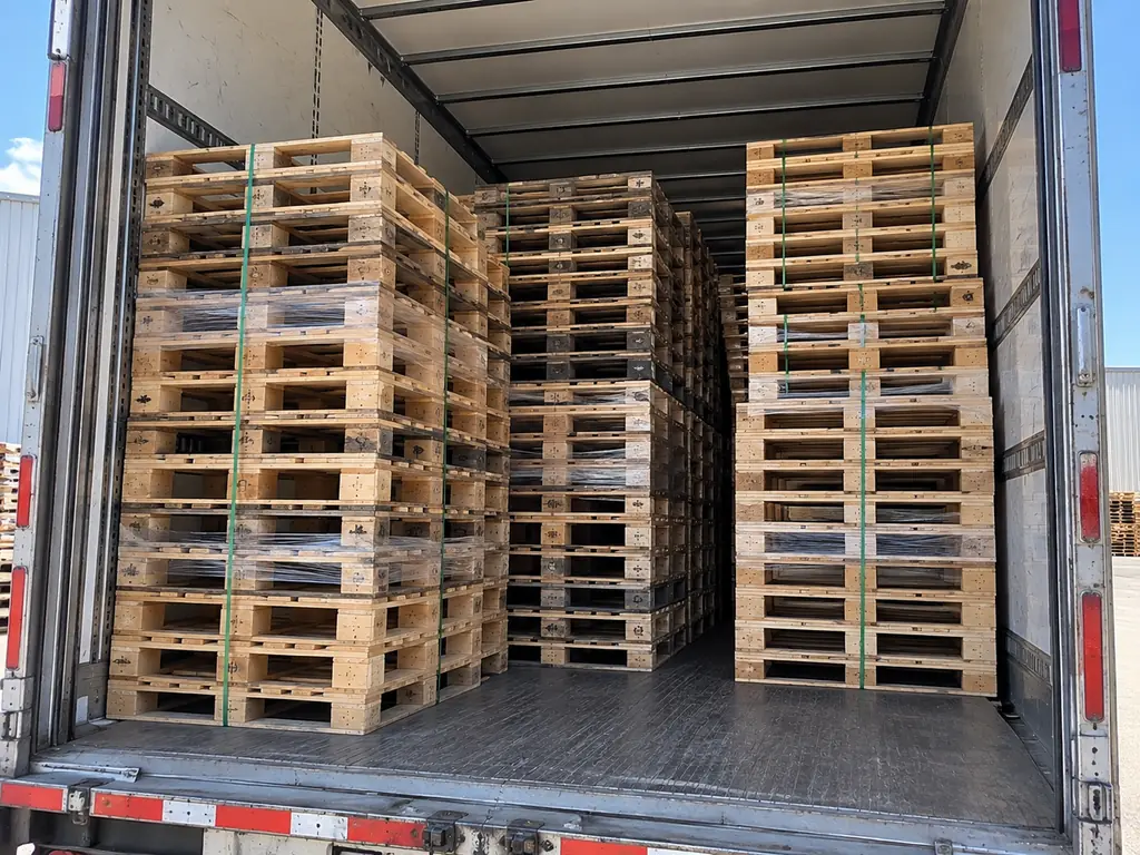 The inside of a trailer loaded with banded columns of wooden pallets, photographed before the doors were closed