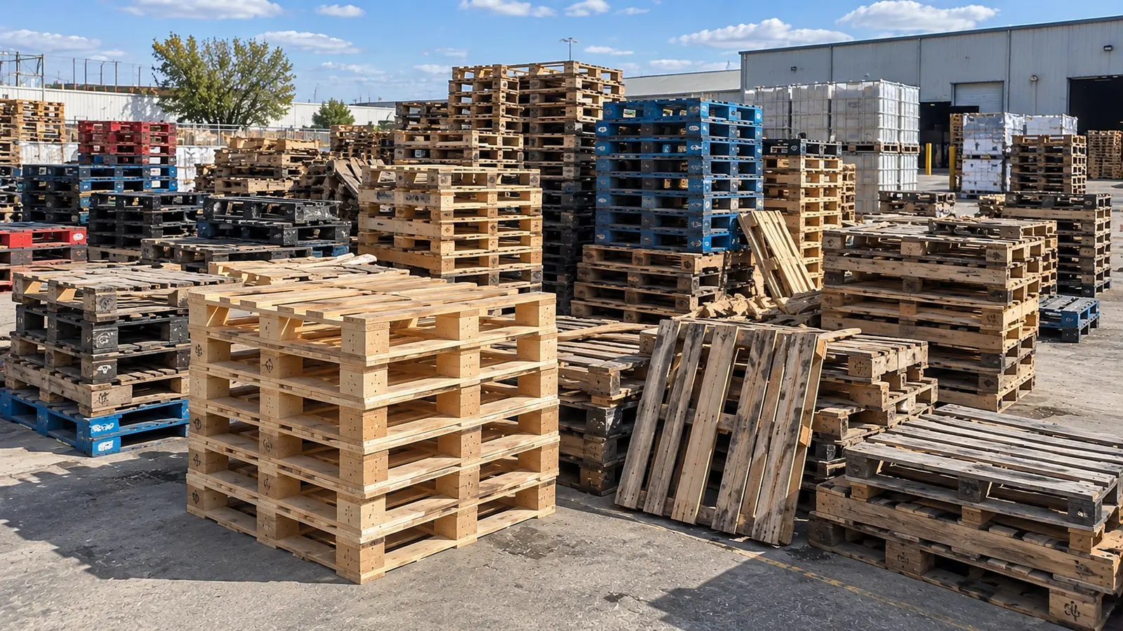 An outdoor pallet yard on a bright day: stacks of repaired 48x40 pallets in the foreground, blue plastic pallets and broken cores leaning behind them