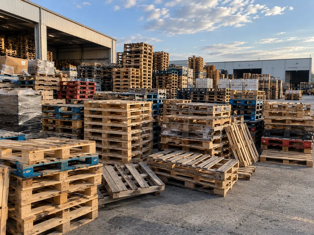 Late afternoon sun across a pallet yard, with tall columns of wooden pallets, blue and red plastic pallets and a warehouse canopy behind