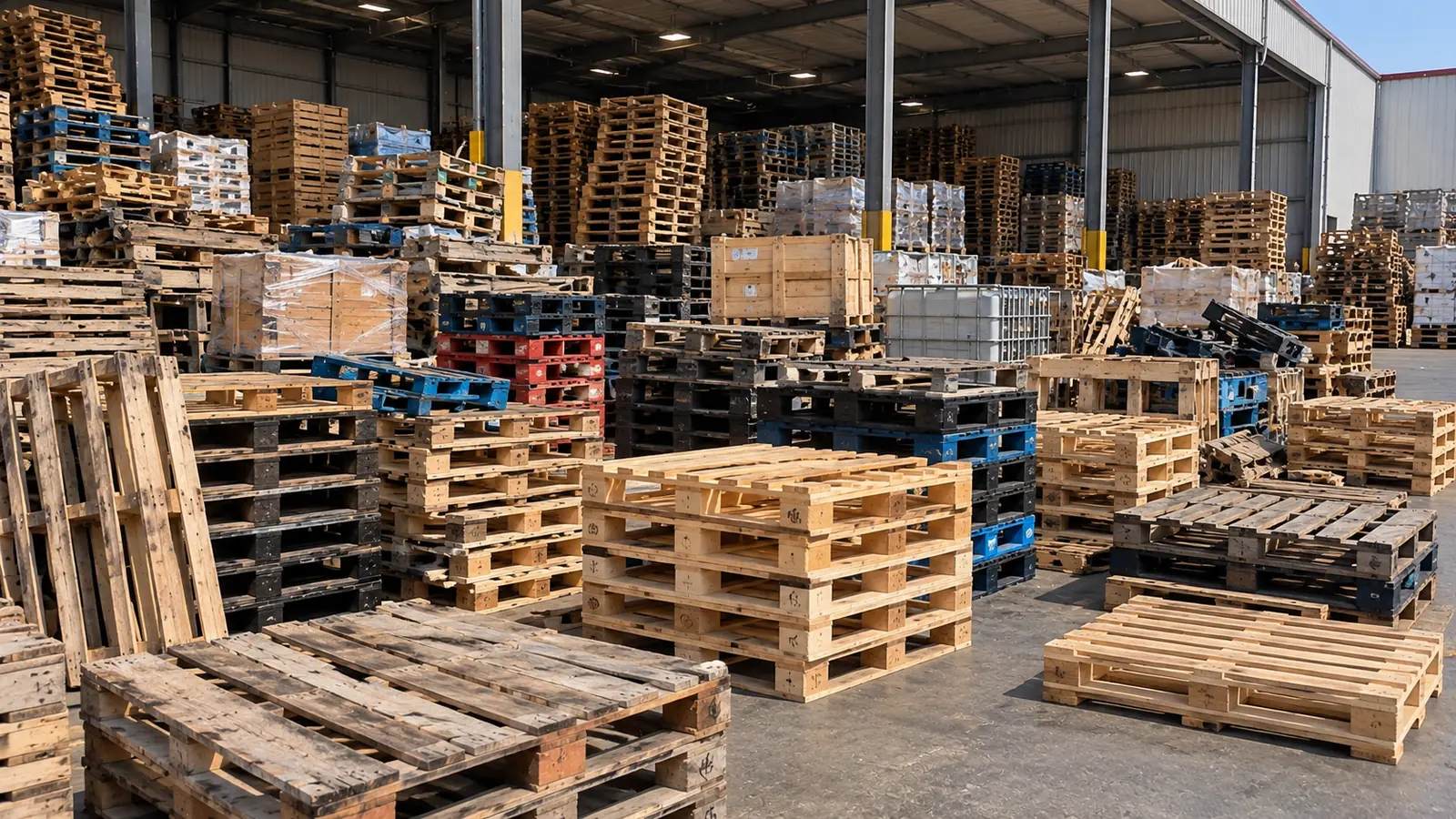 A wide view of a pallet yard: rows of stacked wooden pallets, blue and black plastic pallets, crates and IBC totes under a steel-framed canopy